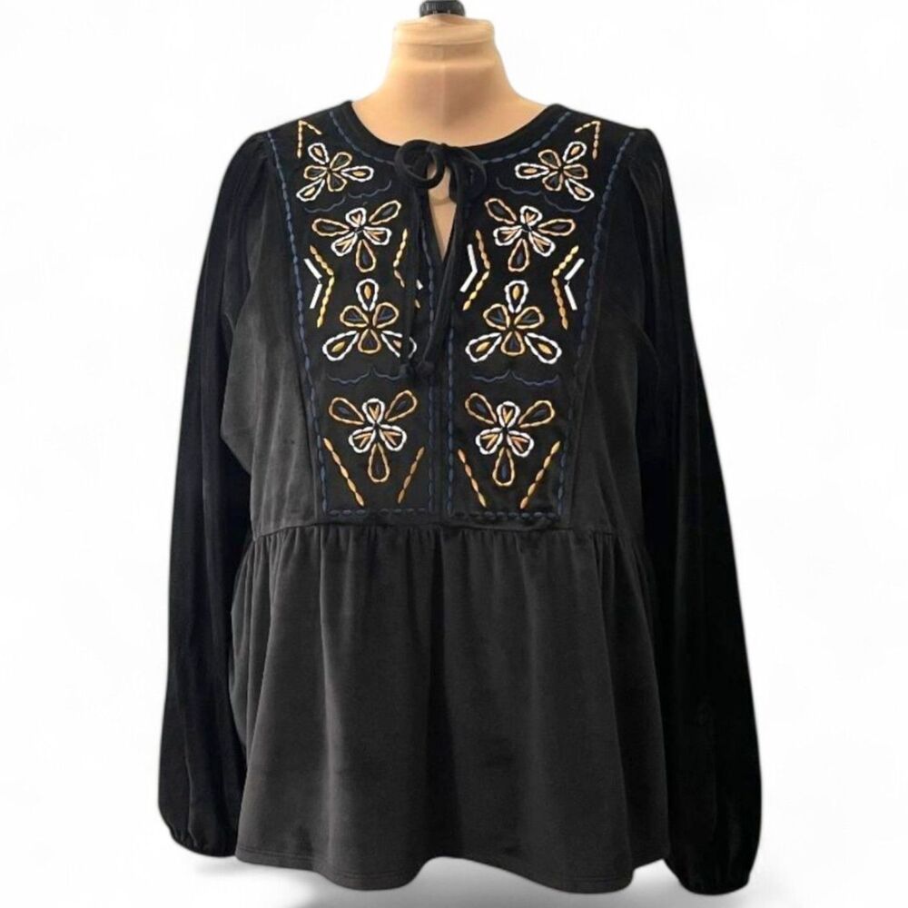 BOBEAU Soft Velour Embroidered Boho Long Sleeve Top, NEW! Size 3X